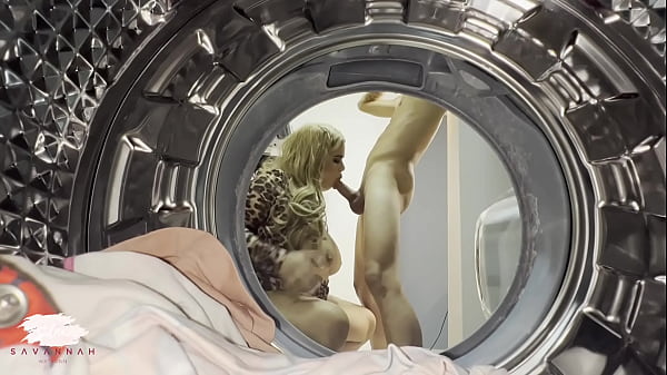 Chubby blonde has sex with a young guy in the laundry room